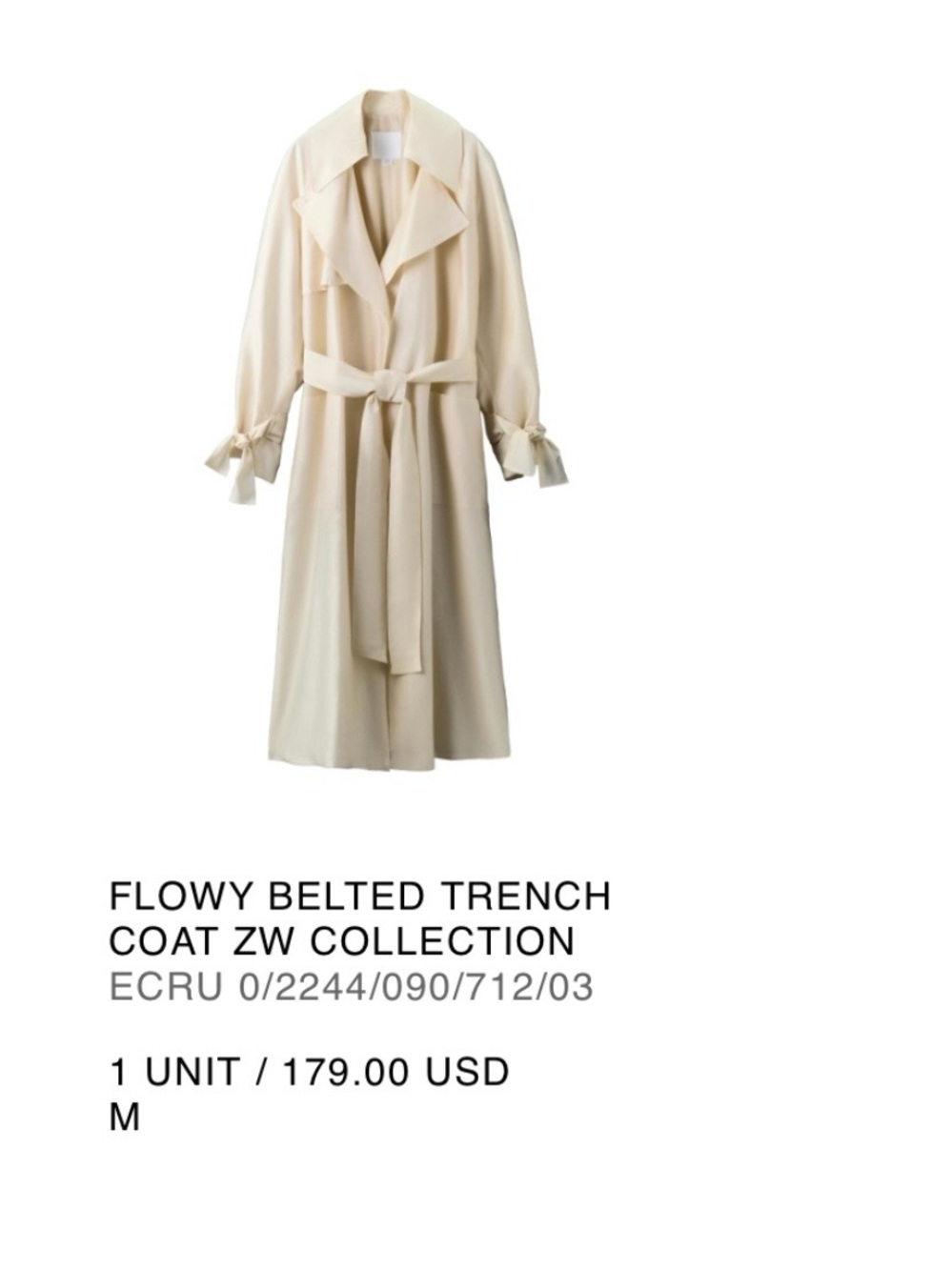 NWT Zara Ecru Flowy Belted Trench Coat